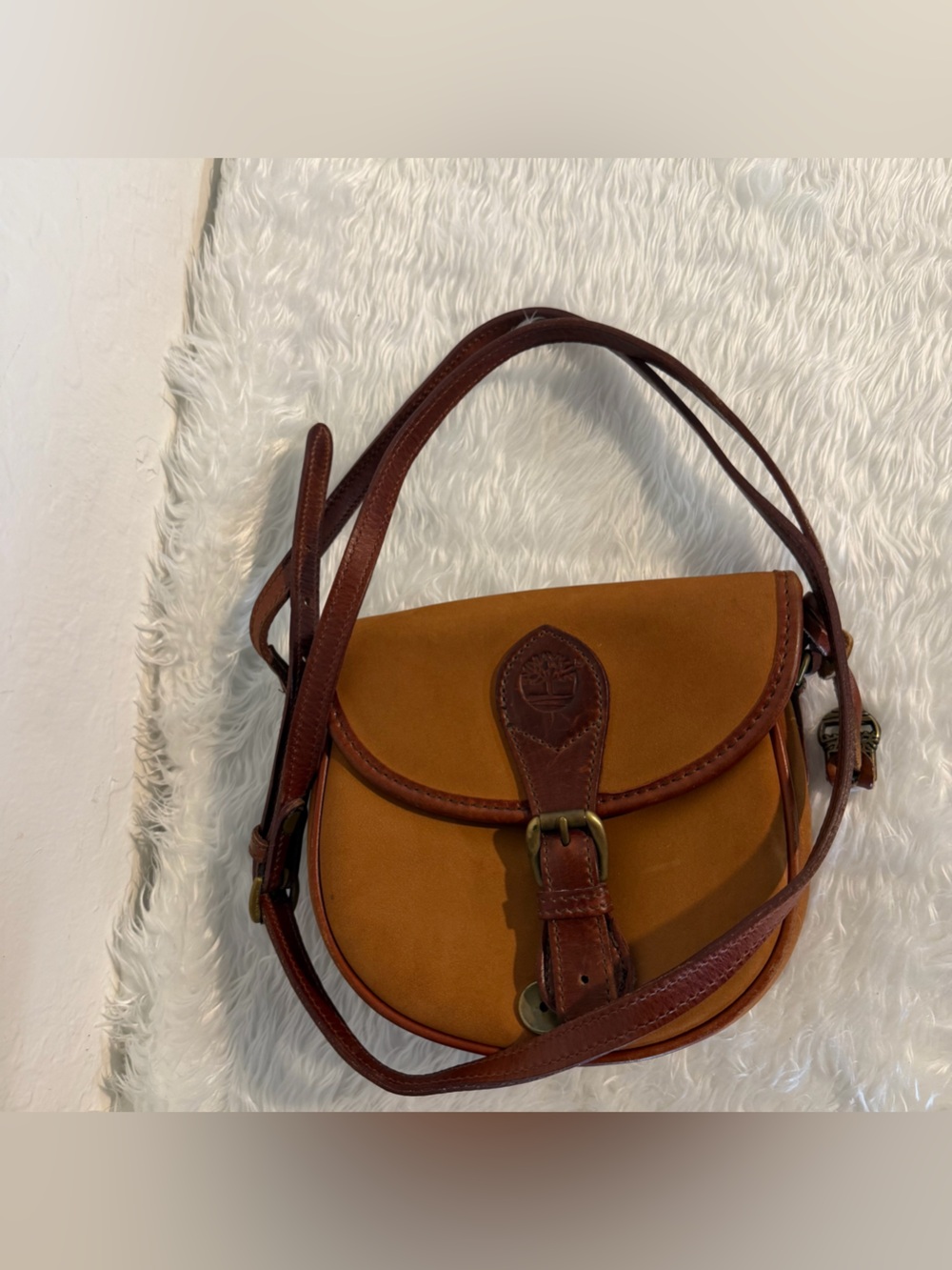 Vintage Timberland USA Leather Nubuck Crossbody Bag Tan Brown Lightly Distressed